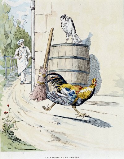 Sokół i kapłon w „”Bajkach La Fontaine, il. Auguste Vimar (1851-1916), Tours, w A, Mame & Son autorstwa Auguste Vimar