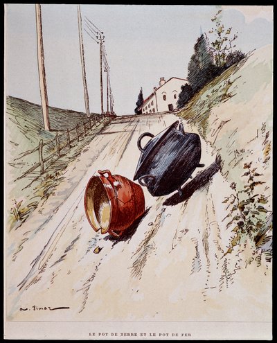 Garnek gliniany i żelazny - w „Les Fables de La Fontaine”, il. Auguste Vimar (1851-1916), Tours, w A, Mame & Son autorstwa Auguste Vimar