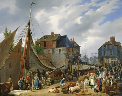 Załadunek żywego inwentarza na „pasażera” w porcie Honfleur, 1823 r. autorstwa Auguste Xavier Leprince