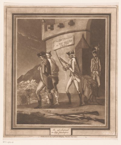 Żołnierze z dwoma więźniami na wieży Nie zdziw się/ ne soyez pas surpris (tytuł na obiekcie) autorstwa Auguste de Bouillé