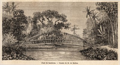 Bambusowy most w dżungli, niedaleko góry Salak. Rysunek autorstwa M. de Molins, ilustrujący jego podróż na Jawę autorstwa Auguste de Molins