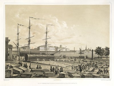 Rozładunek dwóch kolumn w Admiralicji Od: Budowa katedry św. Izaaka, 1845 autorstwa Auguste de Montferrand