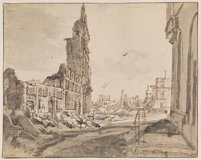Widok na północno-wschodnie i północno-zachodnie narożniki Grand Place po bombardowaniu w 1695 r. autorstwa Augustin Coppens
