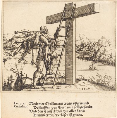 Chrystus wstępujący na krzyż z grzechem, śmiercią i diabłem, 1547. autorstwa Augustin Hirschvogel