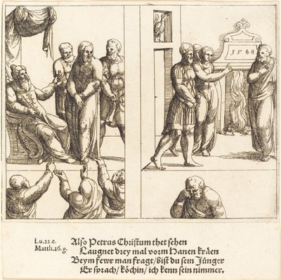 Chrystus przed Kajfaszem i Piotr zaprzeczający Chrystusowi, 1548. autorstwa Augustin Hirschvogel