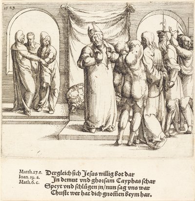 Chrystus jest wyśmiewany, a Kajfasz rozdziera szaty, 1549. autorstwa Augustin Hirschvogel