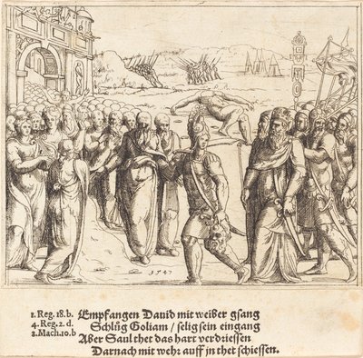 Dawid jest witany po zabiciu Goliata i zazdrości Saula, 1547. autorstwa Augustin Hirschvogel