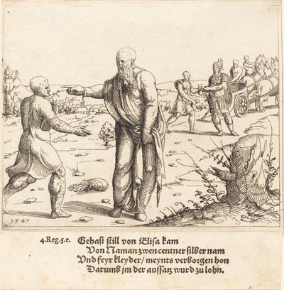 Elizeusz karze Gehaziego trądem Naamana, 1547. autorstwa Augustin Hirschvogel