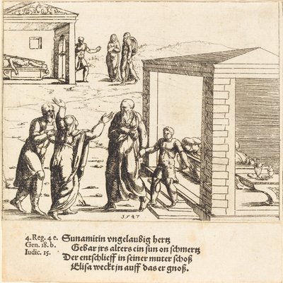 Elizeusz wskrzesza syna Szunamitki autorstwa Augustin Hirschvogel