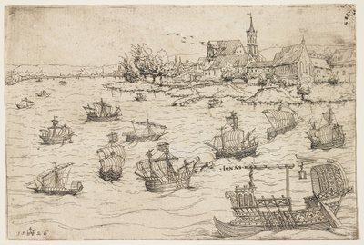 Jonasz i wieloryb na jeziorze z żaglowcami, 1546 autorstwa Augustin Hirschvogel