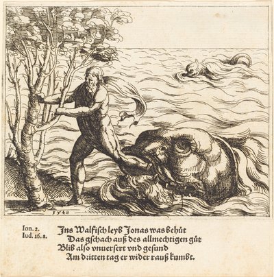 Jonasz zostaje uwolniony z wieloryba, 1548. autorstwa Augustin Hirschvogel