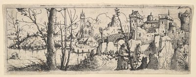 Krajobraz z fortem i kościołem nad rzeką, 1545. autorstwa Augustin Hirschvogel