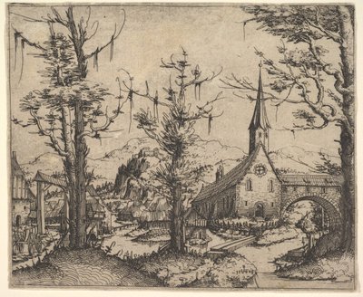 Krajobraz z czterema drzewami i kościołem po prawej, 1545 . autorstwa Augustin Hirschvogel