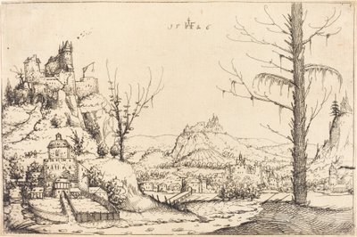 Krajobraz z wysokimi klifami, rzeką i miastem, 1546. autorstwa Augustin Hirschvogel
