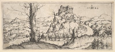 Krajobraz z wysokimi skałami i fortecami, 1546. autorstwa Augustin Hirschvogel