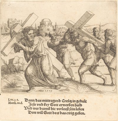 Człowiek niesie krzyż za Chrystusem, 1549. autorstwa Augustin Hirschvogel