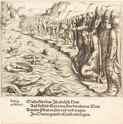 Mojżesz zamyka Morze Czerwone, 1548. autorstwa Augustin Hirschvogel