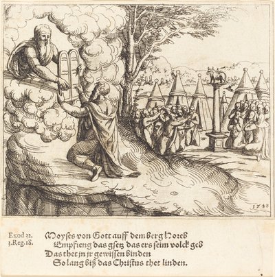 Mojżesz otrzymuje tablice, 1548. autorstwa Augustin Hirschvogel
