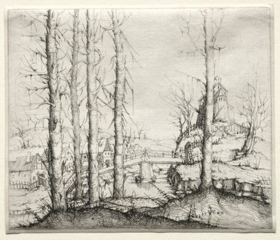 Krajobraz rzeczny z pięcioma gołymi świerkami na pierwszym planie, 1549. autorstwa Augustin Hirschvogel