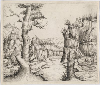 Krajobraz rzeczny z wysokimi klifami, 1546. autorstwa Augustin Hirschvogel