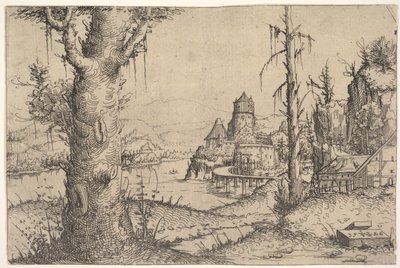 Krajobraz rzeczny z dużym drzewem po lewej, 1546. autorstwa Augustin Hirschvogel