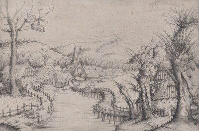 Krajobraz rzeczny z trzema nagimi wierzbami po prawej i długim wijącym się drewnianym mostem w ..., 1546. autorstwa Augustin Hirschvogel