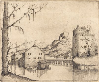 Krajobraz rzeczny z dwoma budynkami, 1545. autorstwa Augustin Hirschvogel