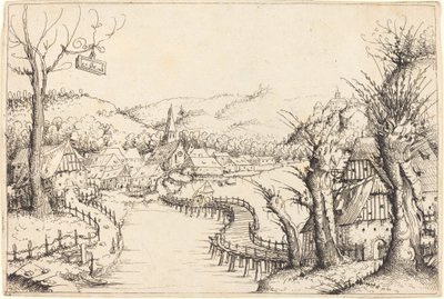 Krajobraz rzeczny z drewnianym mostem, 1546. autorstwa Augustin Hirschvogel