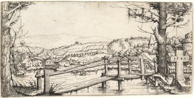 Krajobraz rzeczny z kładką, 1546. autorstwa Augustin Hirschvogel