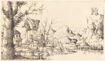 Krajobraz rzeczny z kuszeniem Chrystusa, 1545. autorstwa Augustin Hirschvogel
