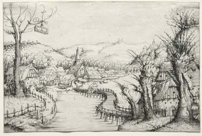 Krajobraz rzeczny z trzema nagimi wierzbami po prawej stronie i długim wijącym się drewnianym mostem..., 1546. autorstwa Augustin Hirschvogel