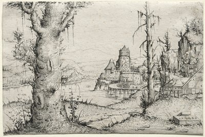 Krajobraz rzeki z dużym drzewem po lewej, 1546. autorstwa Augustin Hirschvogel