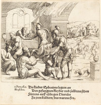 Ludzie z Efraima troszczą się o swoich jeńców i zwracają je Jerico, 1549. autorstwa Augustin Hirschvogel