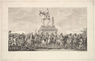 Inauguracja posągu Ludwika XV, Vignette na s. 1, z Description des Trava..., 1766. autorstwa Augustin de Saint Aubin