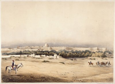 Sir Charles Napier na pierwszym planie, a za nim jego eskorta konia Scinde, Hyderabad, ok. 1850 (kolor lito) autorstwa Augustine Fitzgerald