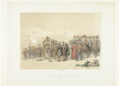 Wyprowadzanie cywilów w niewoli przez żołnierzy hiszpańskich, 1567 Ucisk przez Hiszpanię (tytuł na obiekcie) autorstwa Augustinus Jacobus Bernardus Wouters