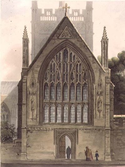 Na zewnątrz Merton College, naprzeciw północnego okna kaplicy Ante, ilustracja z „Historii Oksfordu”, grawerowana przez I. Sutherlanda, wyd. przez R. Ackermanna autorstwa Augustus Charles (after) Pugin