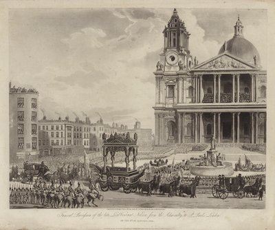 Kondukt pogrzebowy admirała Lorda Nelsona z Admiralicji do katedry św. Pawła, City of London, 9 stycznia 1806 (grawerowanie) autorstwa Augustus Charles (after) Pugin