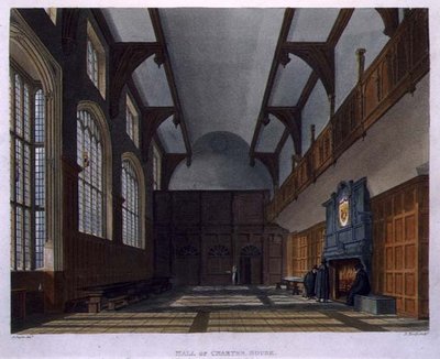 Hall of Charter House, z „History of Charter House School”, część „History of the Colleges”, grawerowana przez Daniela Havella (1785-1826) wyd. przez R. Ackermanna autorstwa Augustus Charles (after) Pugin