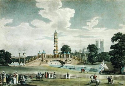 Widok na most i pagodę, park św. Jakuba, wzniesiony z okazji Wielkiego Jubileuszu, Uroczystość Pokoju, ryt J.R. Hamble autorstwa Augustus Charles (after) Pugin