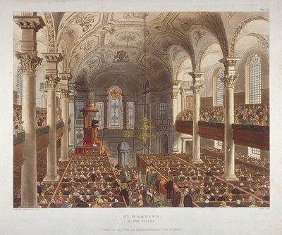 Wnętrze kościoła St Martin-in-the-Fields, Westminster, Londyn, 1809 autorstwa Augustus Charles Pugin, Thomas Rowlandson