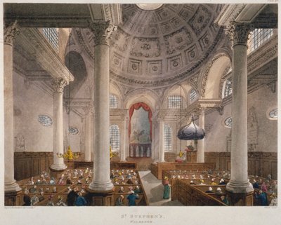 Wnętrze kościoła St Stephen Walbrook podczas nabożeństwa, City of London, 1809 autorstwa Augustus Charles Pugin, Thomas Rowlandson