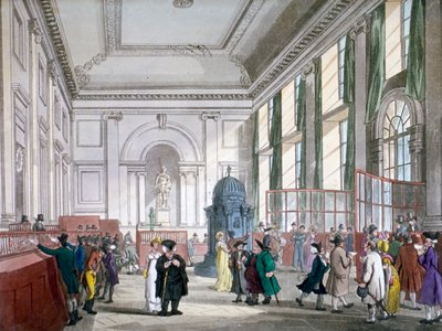 Wielka Sala w Bank of England, City of London, 1809, z klientami. i pracowników autorstwa Augustus Charles Pugin, Thomas Rowlandson