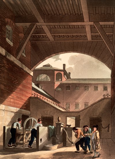 Silnik wodny w więzieniu Cold Bath Fields, Londyn, 1808 autorstwa Augustus Charles Pugin, Thomas Rowlandson