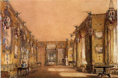 Wnętrze Żółtej Sali Rysunkowej w Pawilonie w Brighton, ok. 1820 (akwarela i gwasz na papierze) autorstwa Augustus Charles Pugin