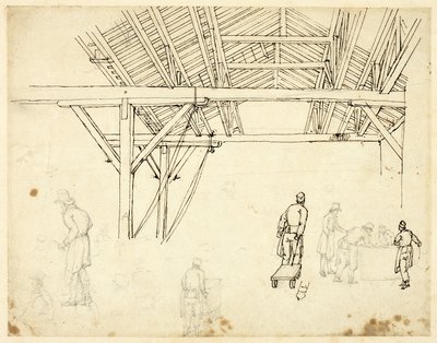 Studium odrzucone, prawdopodobnie dla ilustracji Urzędu Celnego, z Microcosm of London (recto); Szkice robotników z beczkami (verso) autorstwa Augustus Charles Pugin