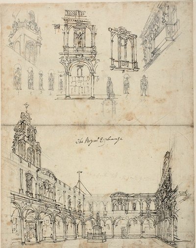 Studia dla The Royal Exchange z Microcosm of London autorstwa Augustus Charles Pugin