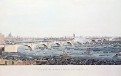 Otwarcie mostu Waterloo 18 czerwca 1817, sztych. A. Pugin z rysunku W. Findlatera, sztych. R. Havell und Son, 1818 (kolorystyka) autorstwa Augustus Charles Pugin