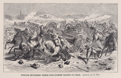 Austriackie działa zdobyte przez kawalerię pruską w bitwie pod Skalitz, Czechy, wojna austriacko-pruska autorstwa Augustus J. Beck