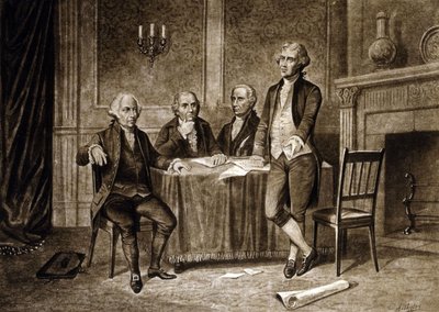 Przywódcy Kongresu Kontynentalnego 1775: John Adams, Robert Morris, Alexander Hamilton, Thomas Jefferson, rysunek Augustusa Tholeya (1894) autorstwa Augustus Tholey